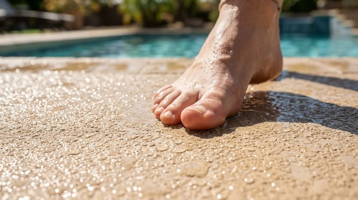 Close-up of a bare foot stepping onto a wet, textured pool deck surface showing slip resistance.