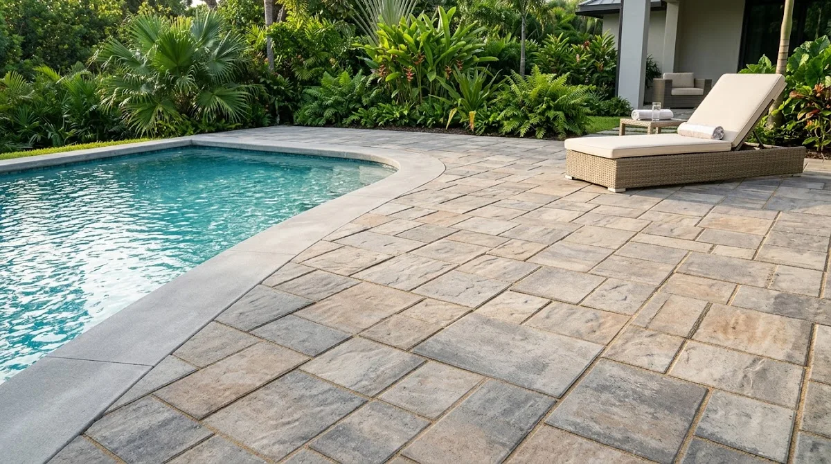 High angle view of a pool deck made of modular concrete pavers in muted gray and tan colors.