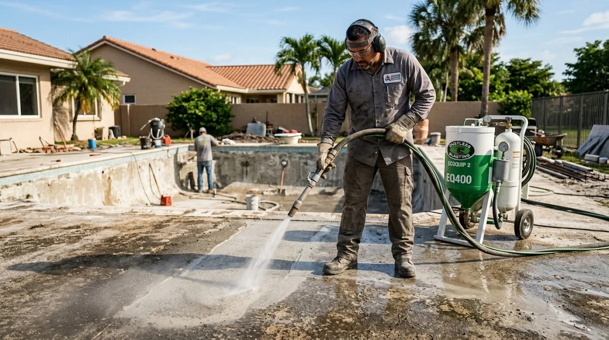 A professional contractor using a dustless blasting machine to prepare an old pool deck for a new coating.