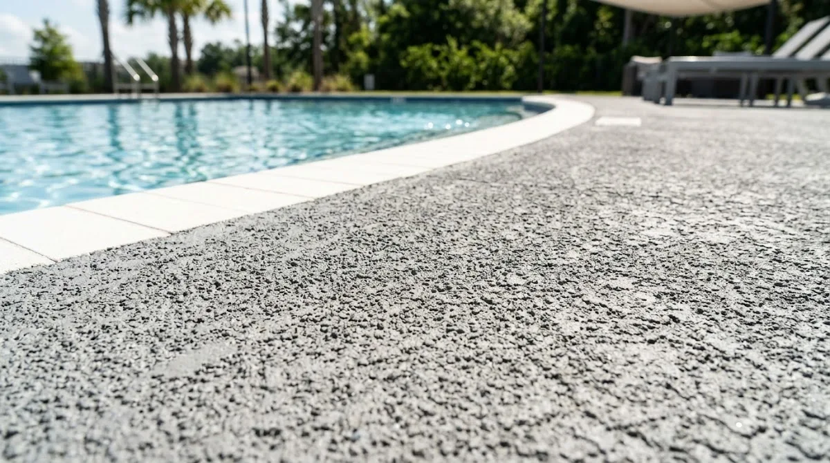 A close-up view showing the textured, slip-resistant surface of a modern pool deck coating.