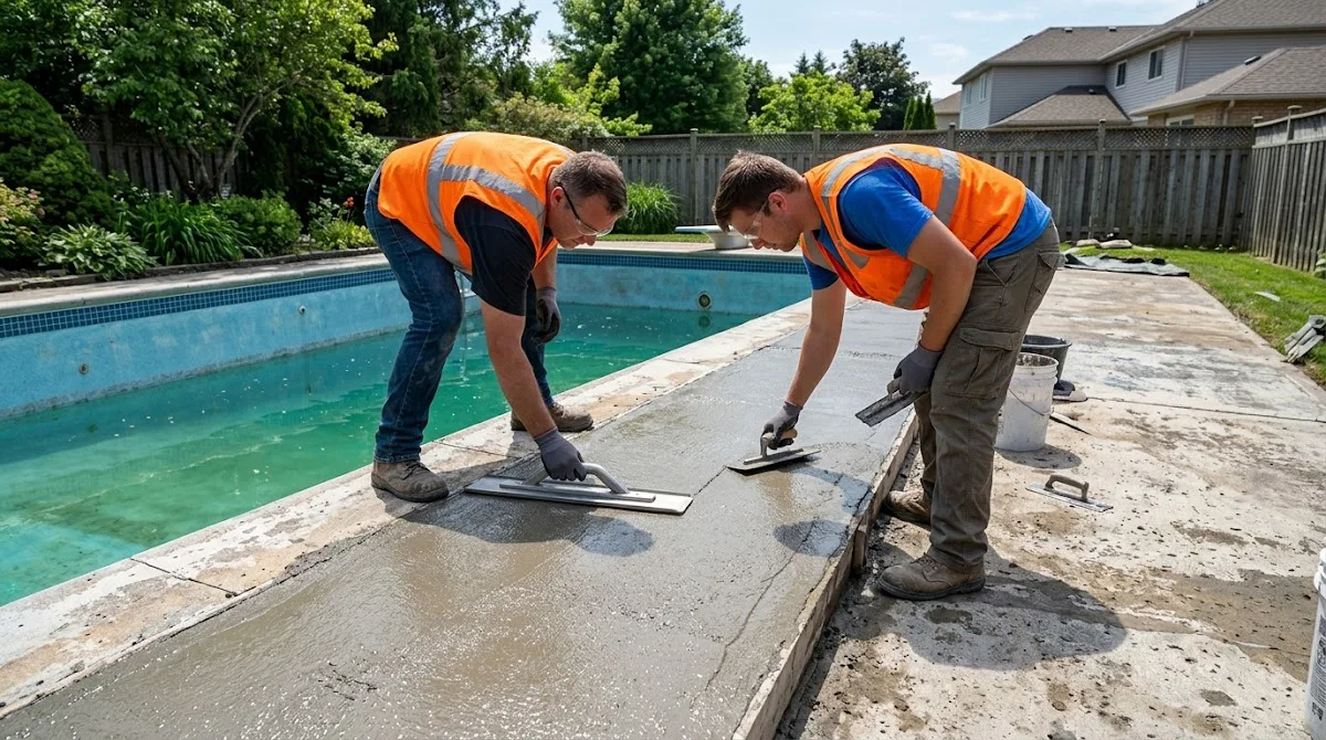 Professional contractors carefully applying a fresh concrete overlay to restore a residential pool deck.