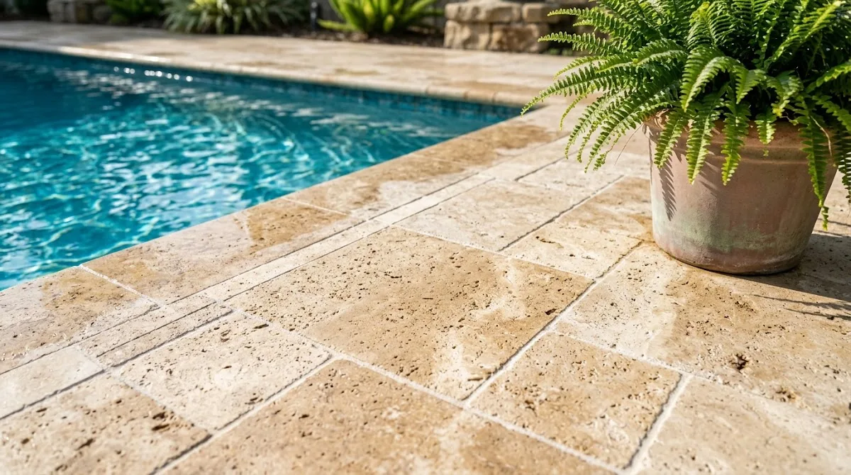 Close up of warm earthy travertine stone pavers installed next to a bright blue swimming pool.