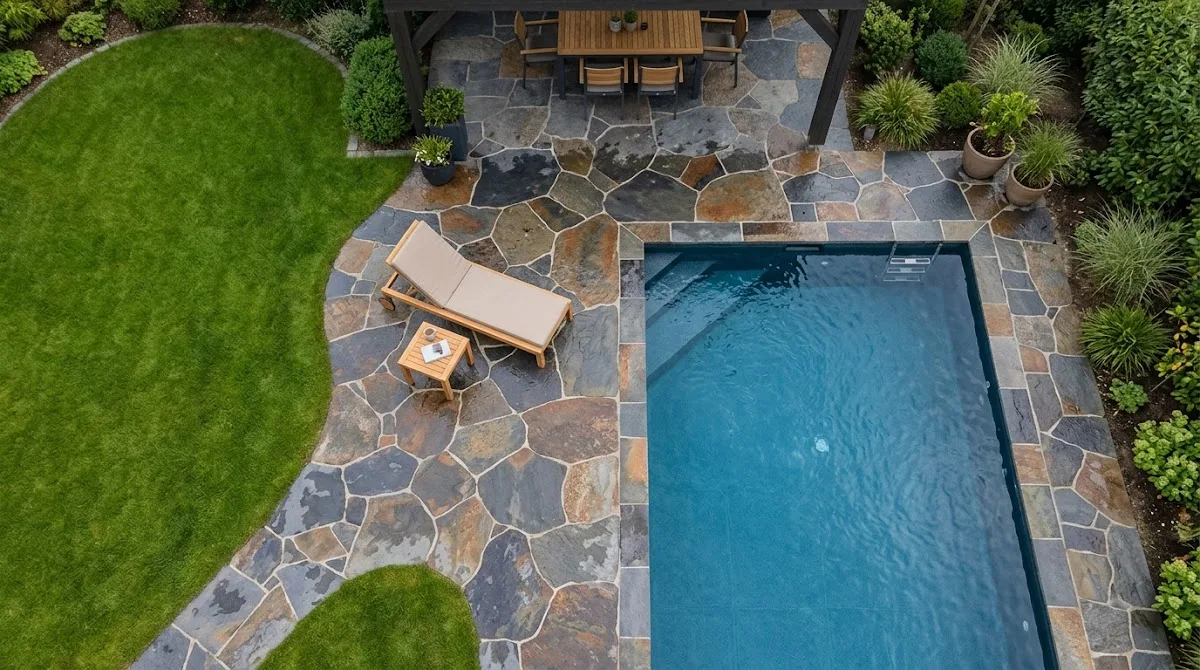 Aerial view of a natural slate stone pool deck bordering clear water and a green lawn.