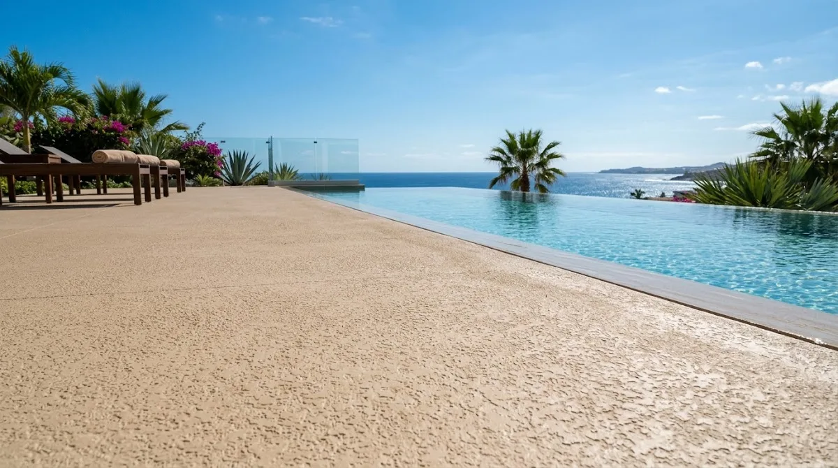 A clean and modern sand-colored textured pool deck surface leading up to an infinity pool.
