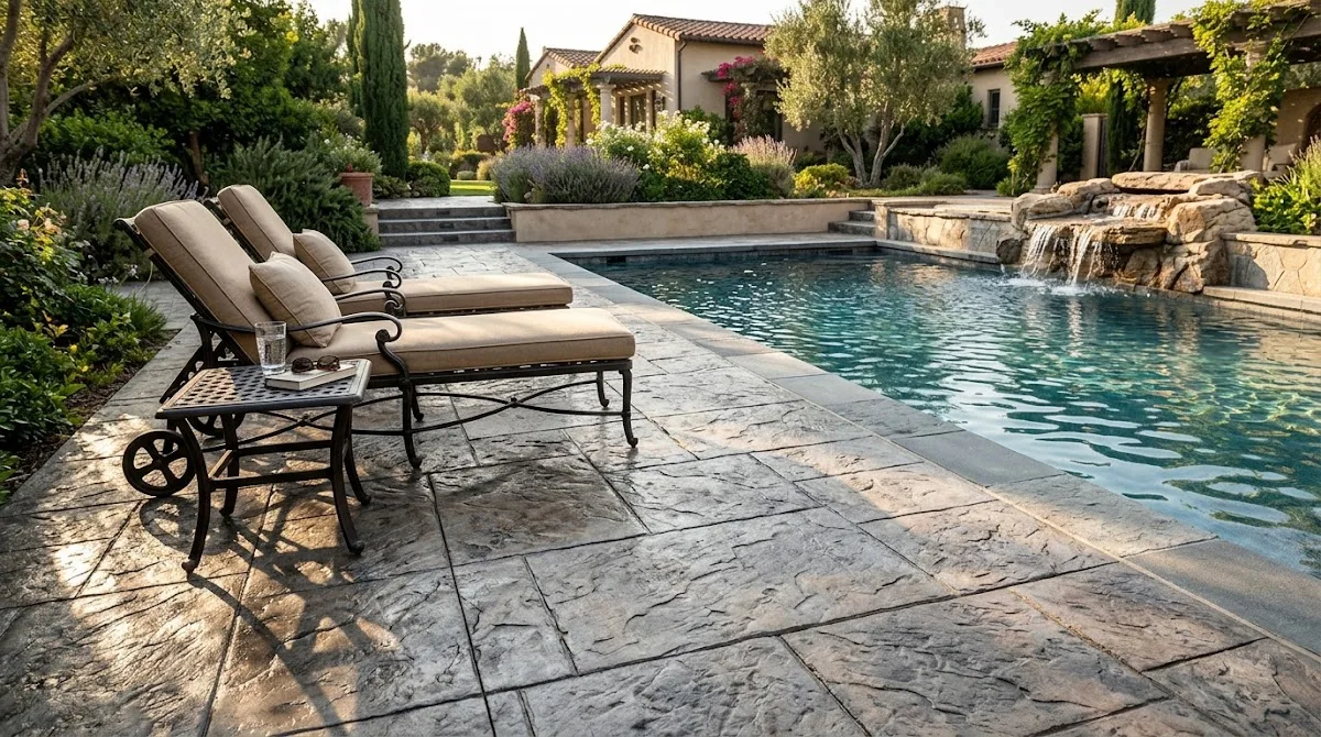 Stamped concrete pool deck featuring a dark slate stone pattern next to a cascading water feature.