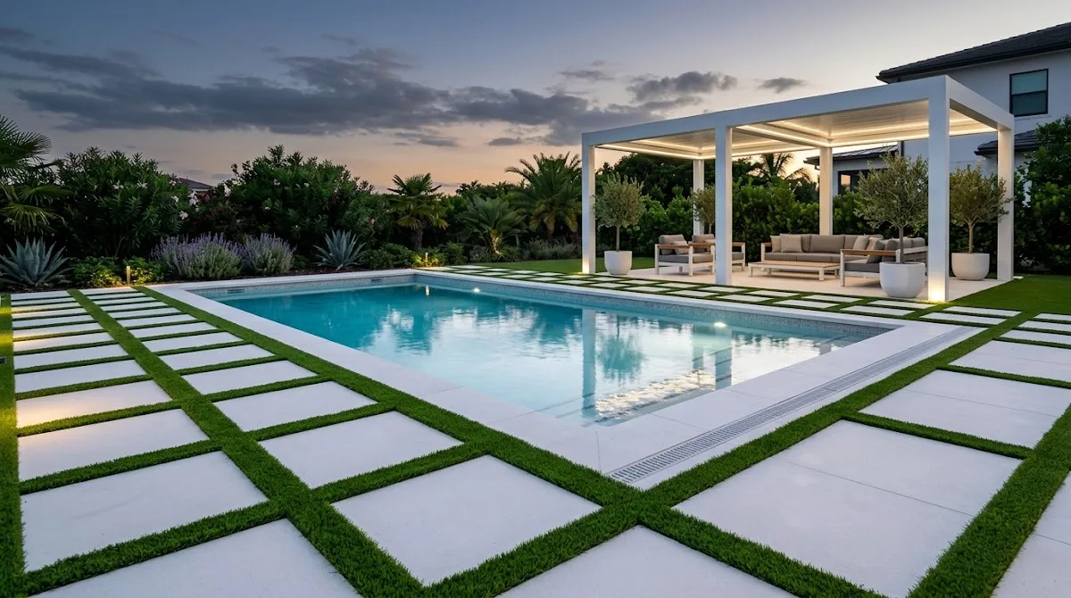 Large modern white concrete pool deck pavers separated by strips of vibrant green grass.