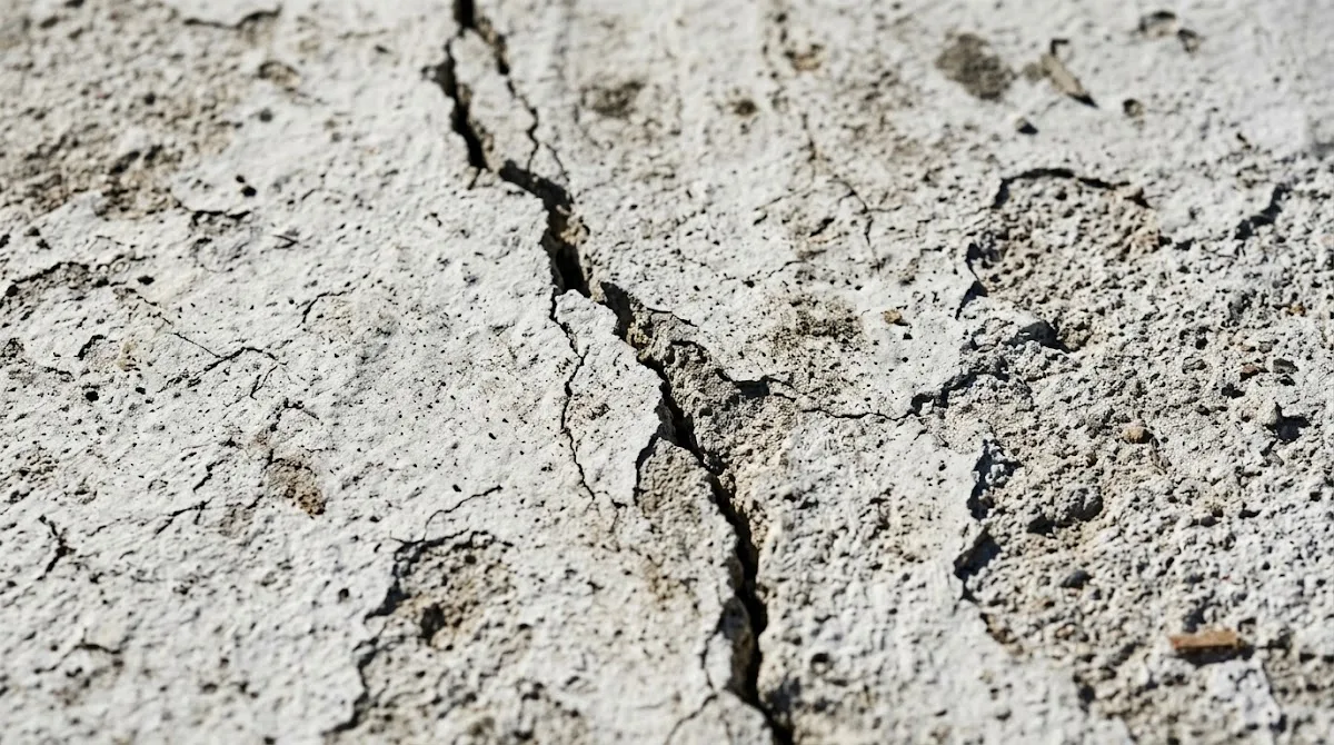 A close-up view of a drained swimming pool floor showing a jagged crack in the rough plaster.