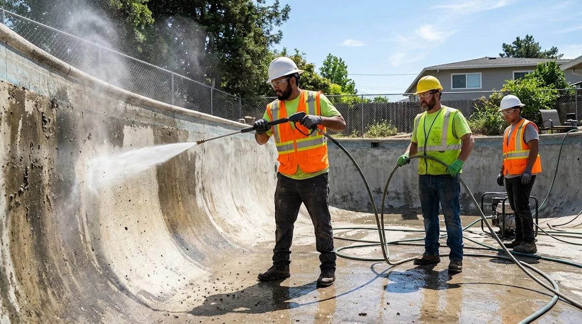 A team of construction workers wearing safety gear hydro-blasting the walls of an empty concrete pool.