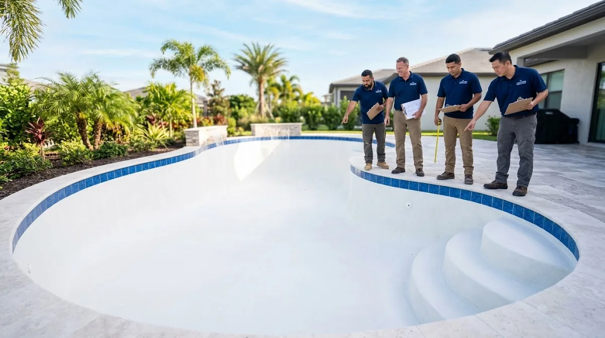 A group of professional contractors inspecting the smooth, newly finished plaster of an empty swimming pool.