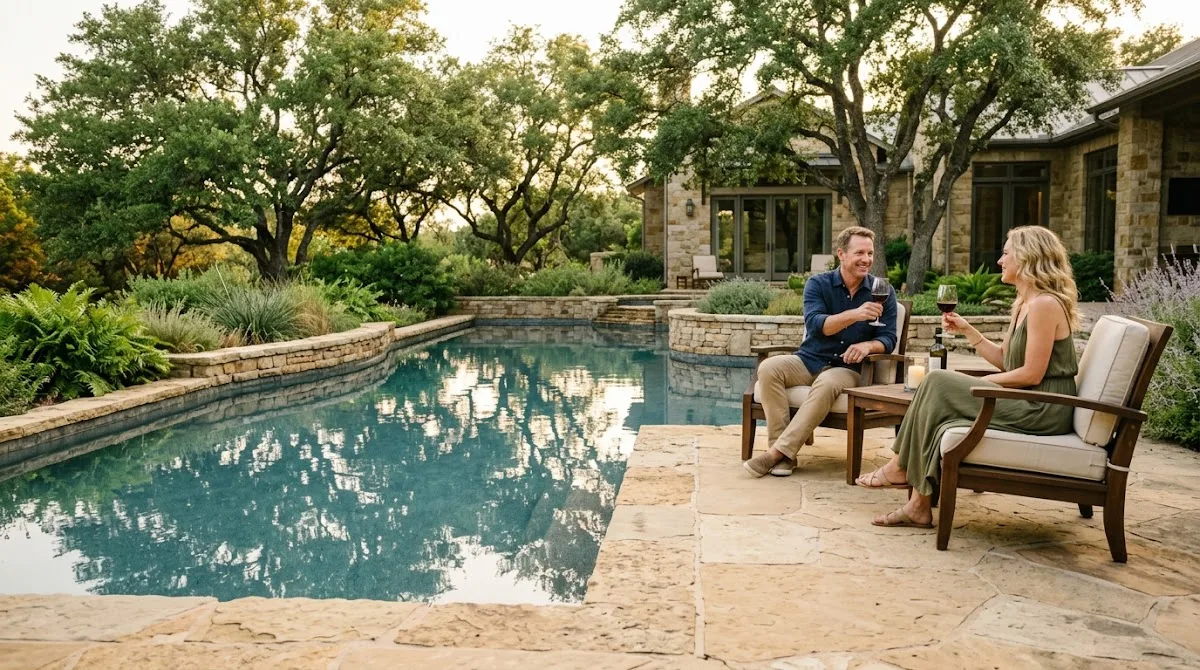 A couple enjoying drinks on a patio next to a beautifully landscaped pool reflecting the surrounding trees.