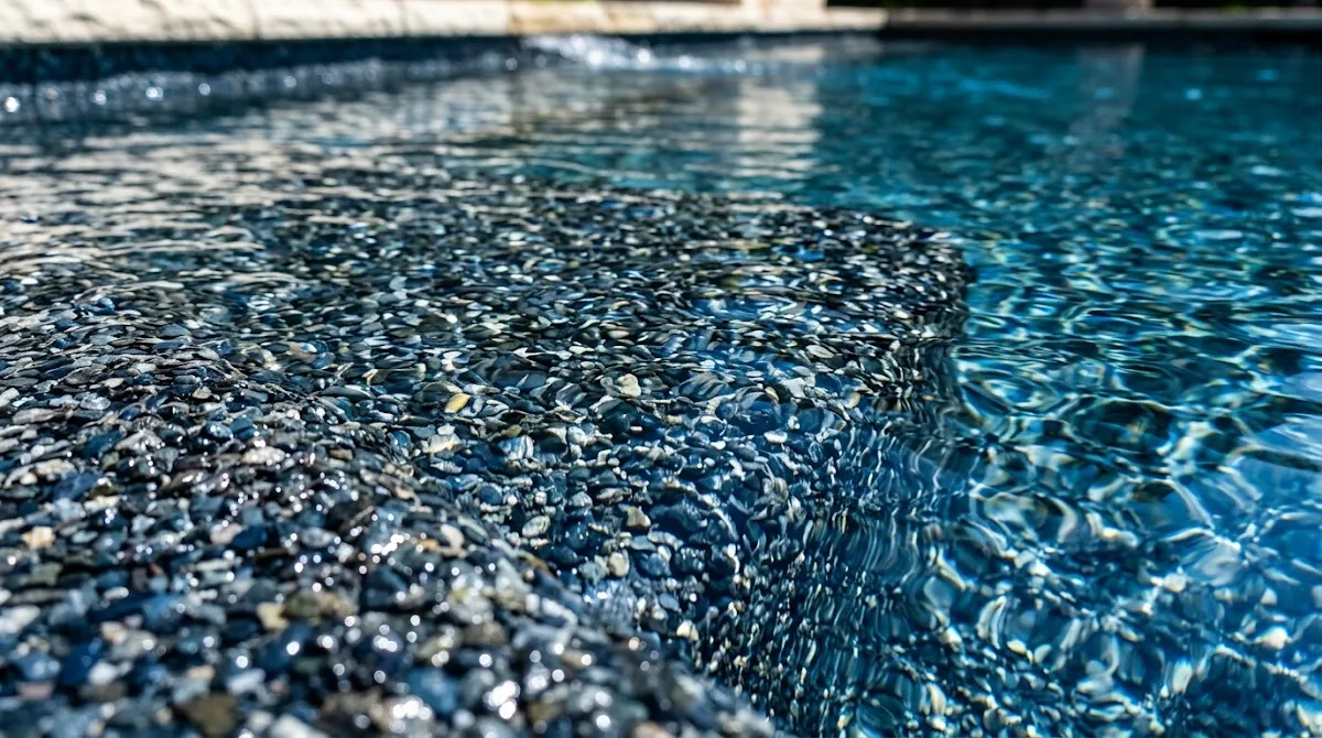 A close-up view of clear pool water gently rippling over a textured black and dark blue pebble finish.