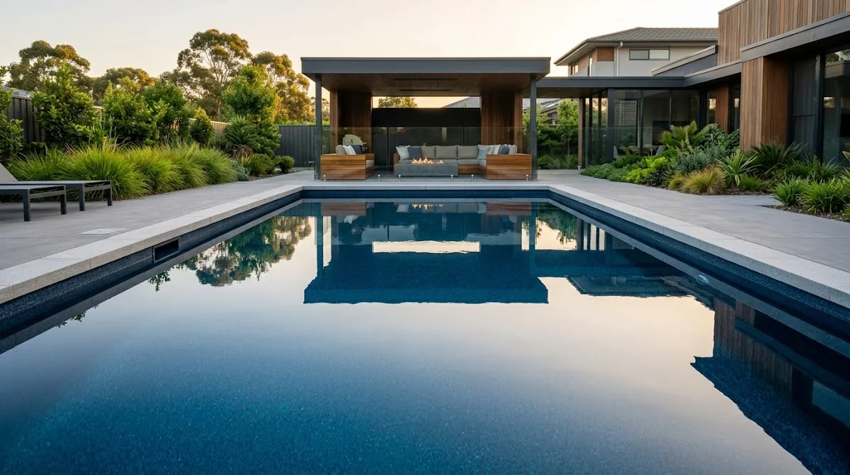 A newly resurfaced modern swimming pool with smooth dark blue water reflecting an elegant outdoor living area.