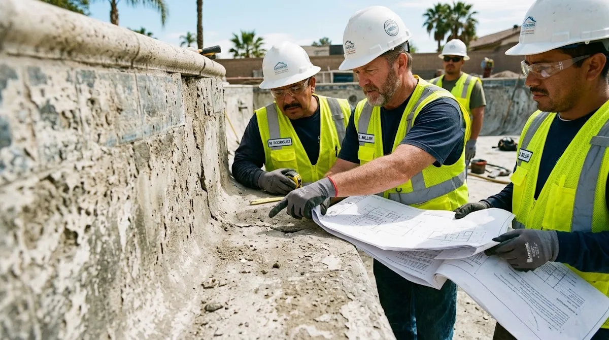 A team of professional pool contractors inspecting the textured surface of an empty swimming pool.