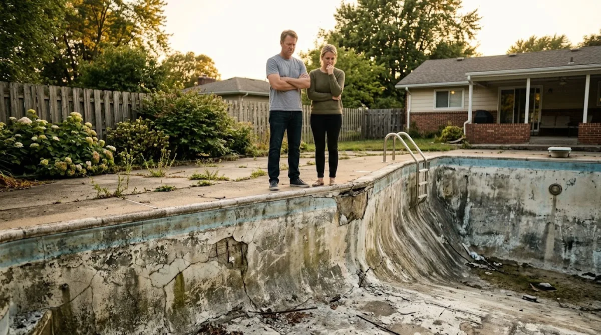 A concerned couple stands next to a drained swimming pool with a cracked and stained surface.