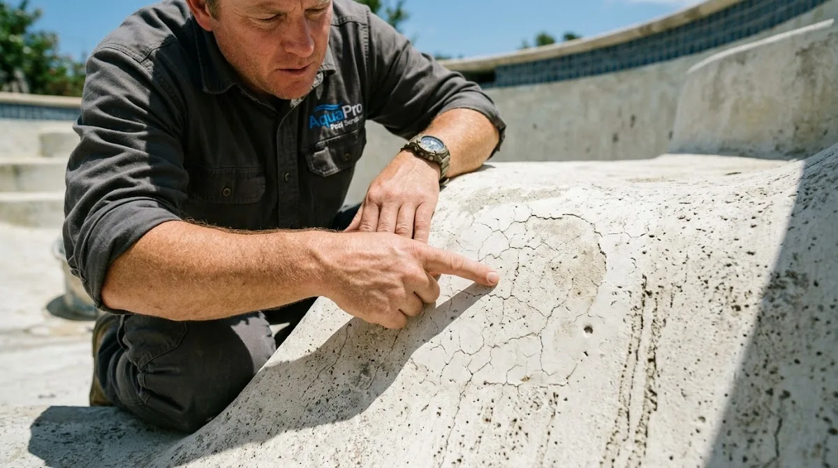 A pool contractor closely inspecting a drained swimming pool for cracks and surface damage.