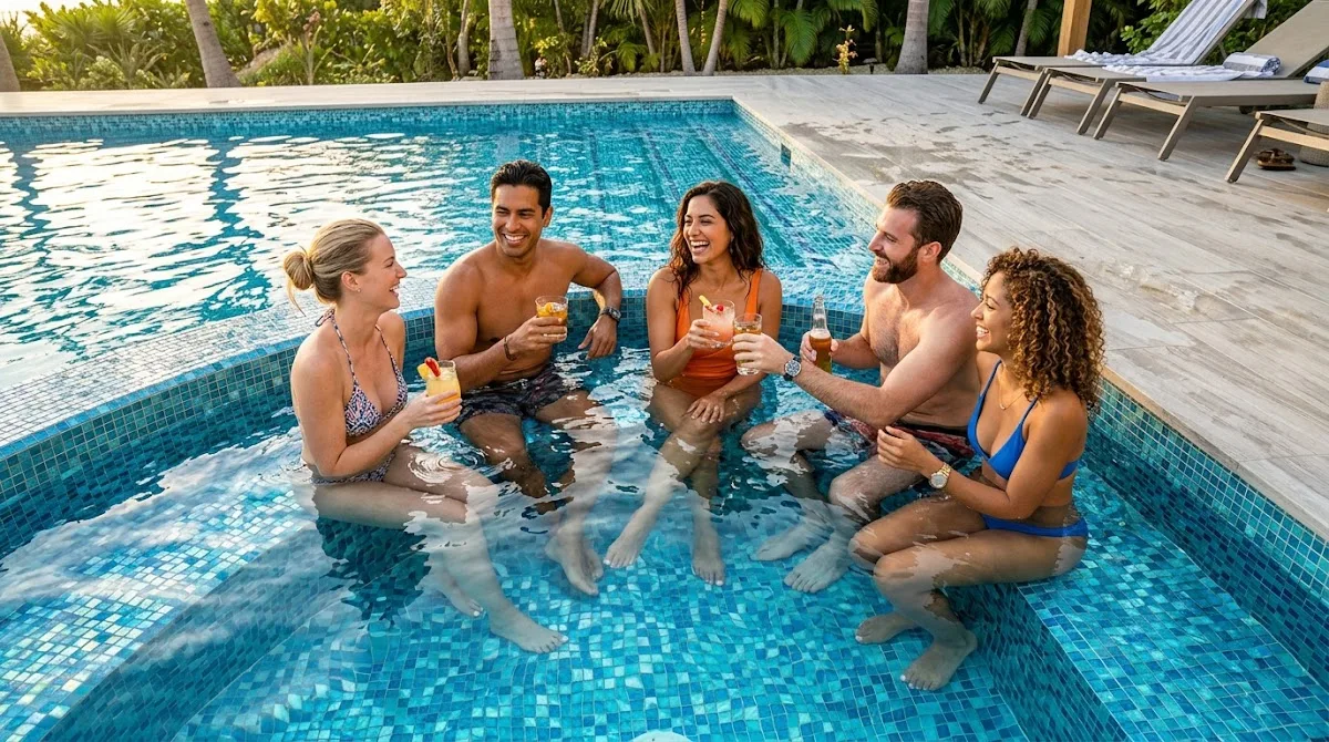 A group of friends relaxing in a high-end swimming pool featuring shimmering glass waterline tiles.