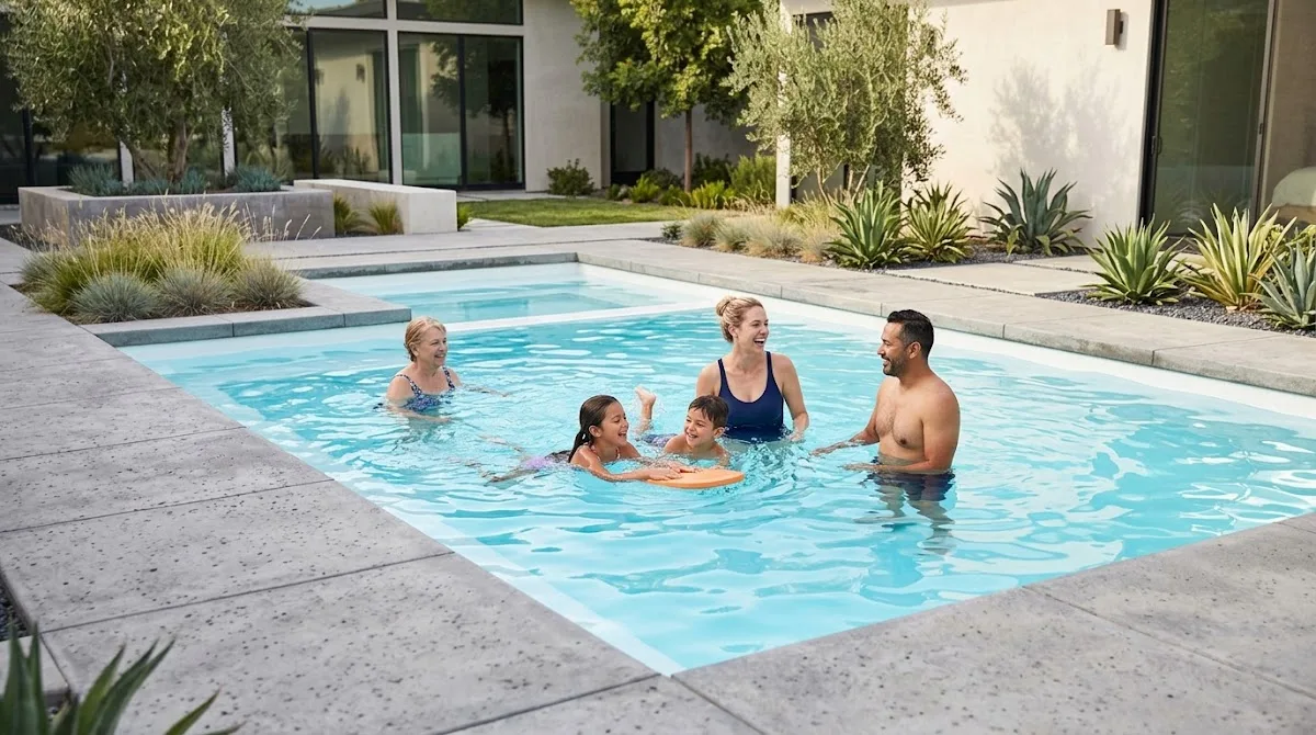 A family enjoying a modern, geometric swimming pool with a bright white, flawless surface.