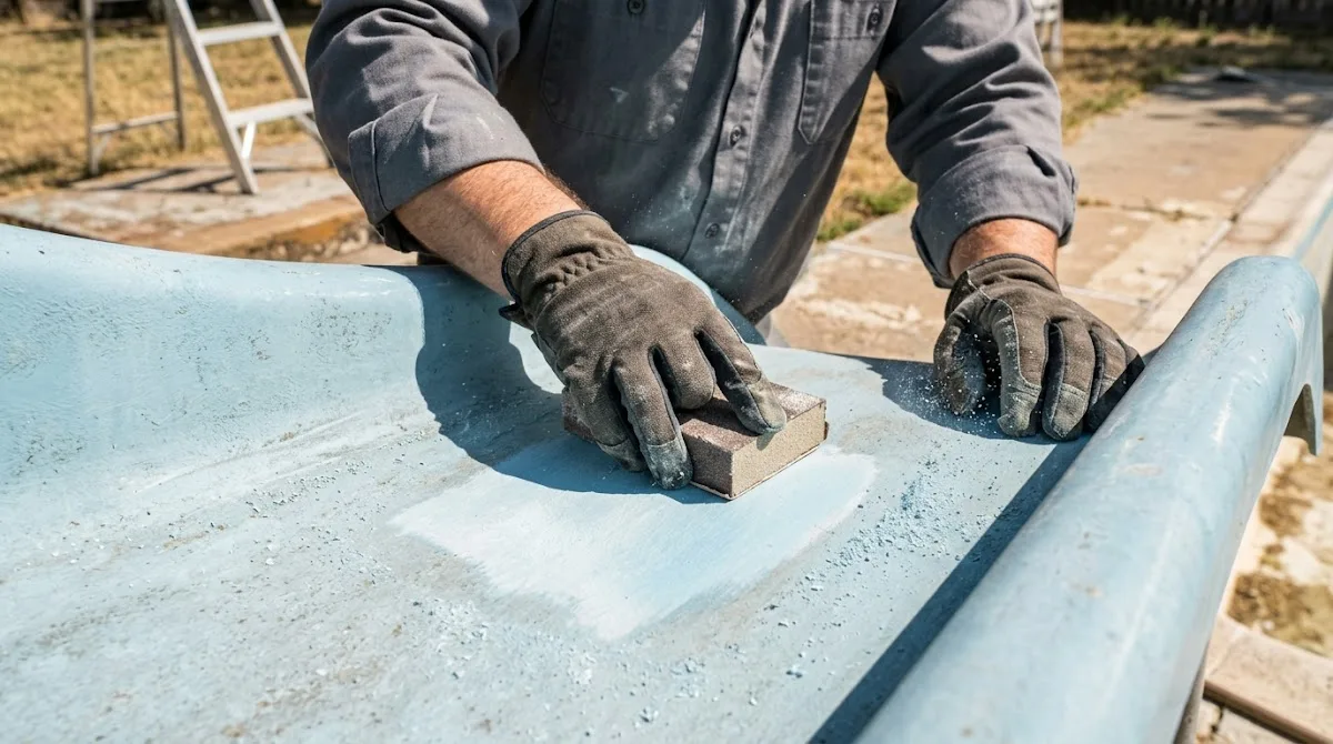 A worker carefully sanding down a patched area on an older swimming pool slide during the preparation phase.
