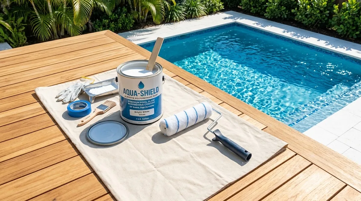 Professional refinishing supplies including paint and a roller laid out on a drop cloth next to a pool.