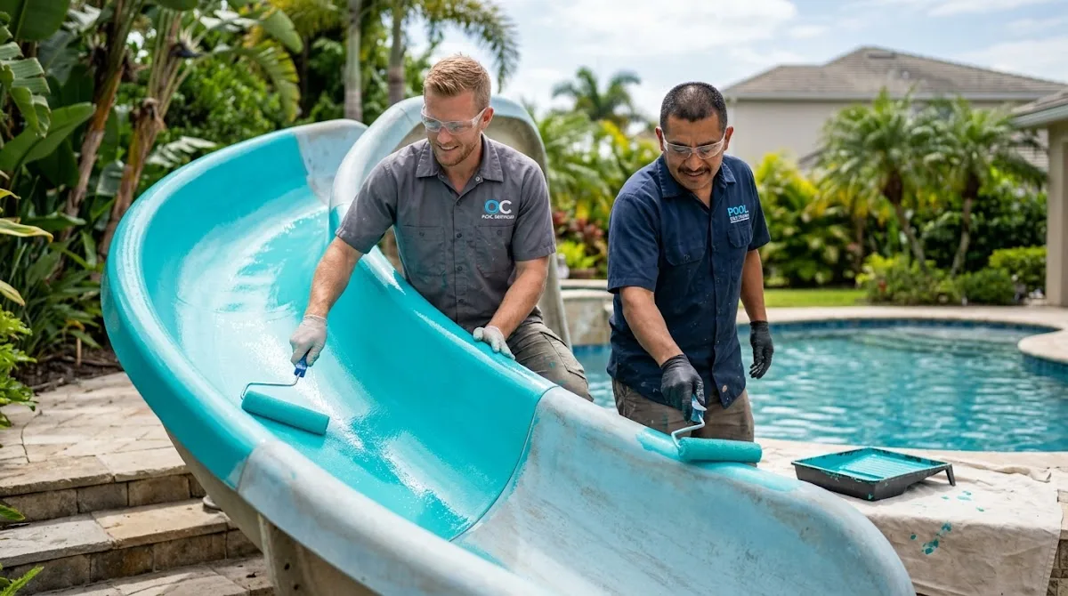 Two contractors using rollers to apply a fresh, bright coat of paint to a backyard pool slide.