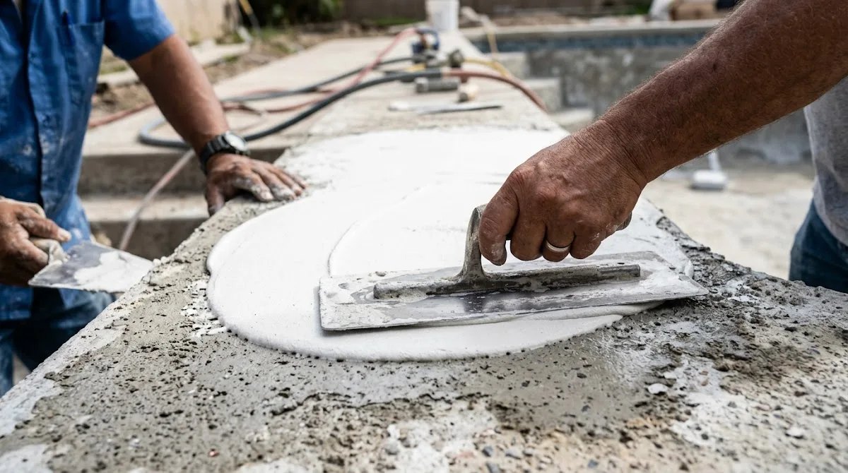 Two workers using a steel trowel to apply fresh white plaster to a swimming pool shell.