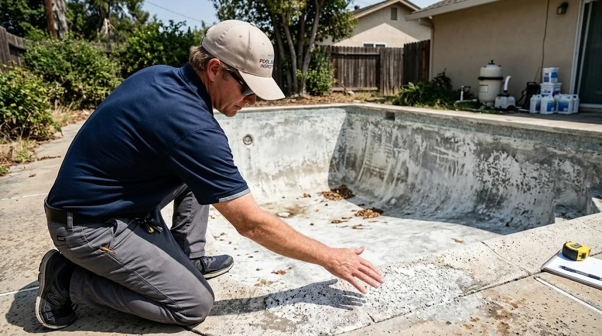 A pool inspector examining a drained swimming pool with rough and damaged plaster.