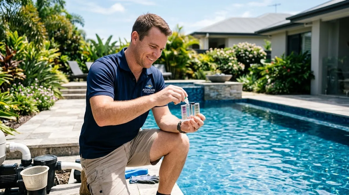 A pool technician using a liquid test kit to check the water chemistry of a swimming pool.