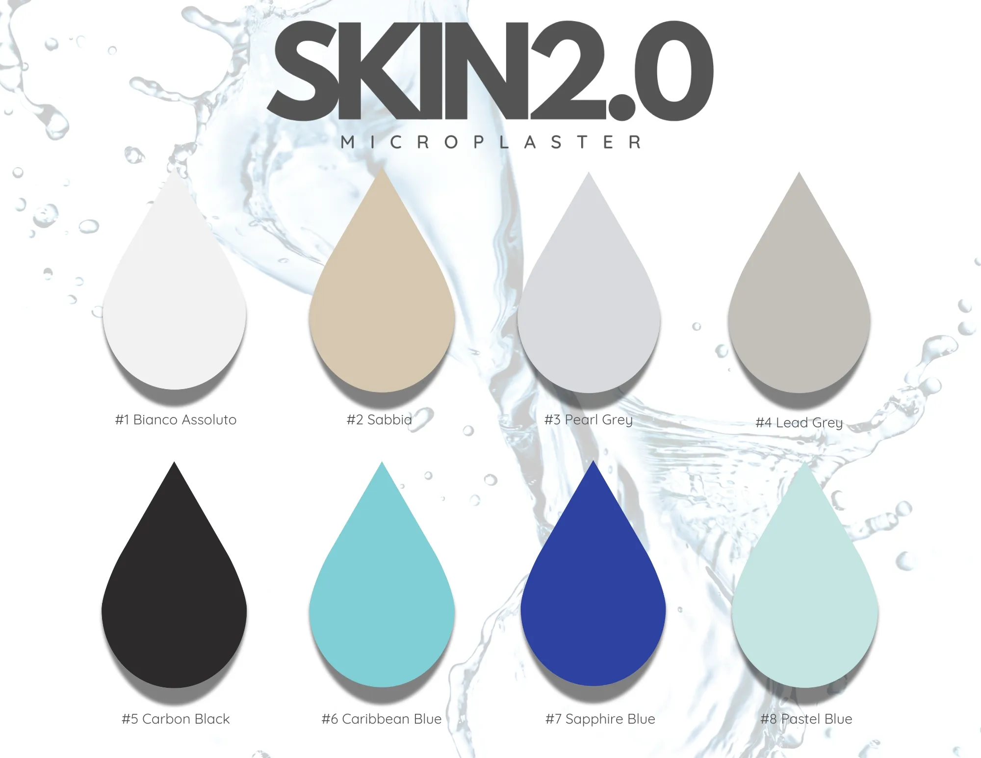 SKIN 2.0 Microplaster color chart showing 8 pool plaster shades